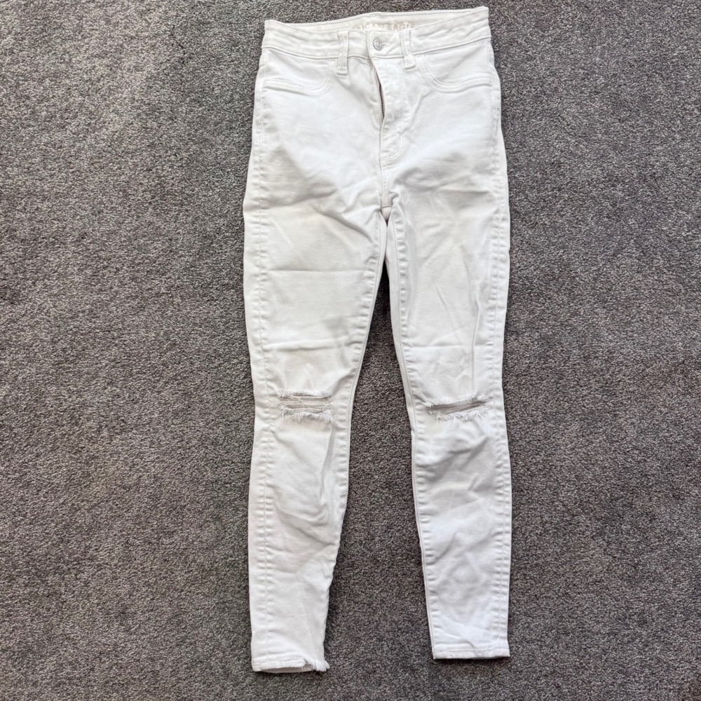 American Eagle Super Hi-Rise Jegging White Distressed Skinny Jeans Womens 00